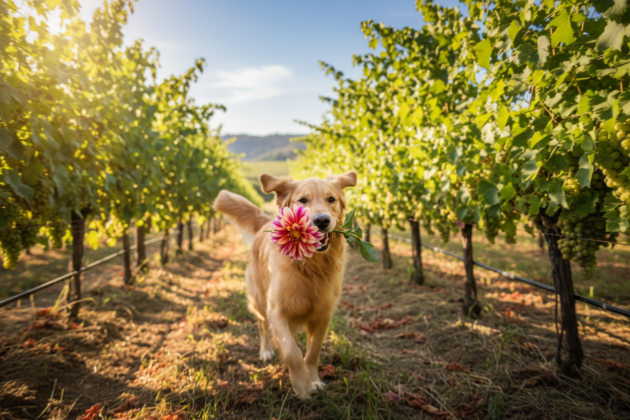 dog biting a flower running in vineyard